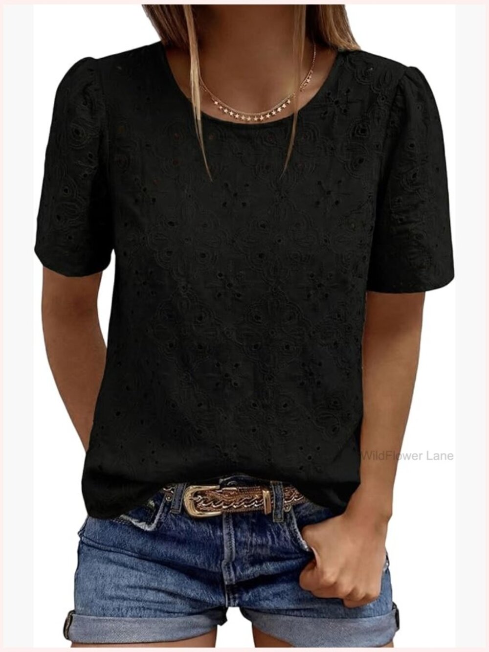 Embroidered Eyelet Blouse with Puff Sleeves, Pullover Top for Work or Casual